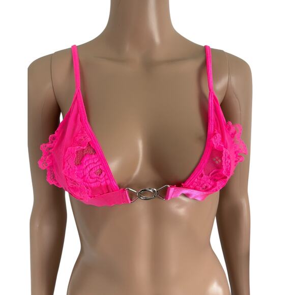 Y2K Neon Pink Lace Sheer Bralette One Size Triangle Barbiecore Loungewear Rave - Picture 1 of 7